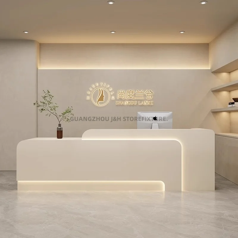 custom.Modern nail salon shop custom logo white mdf curved design desk cash checkout counter LED front register table