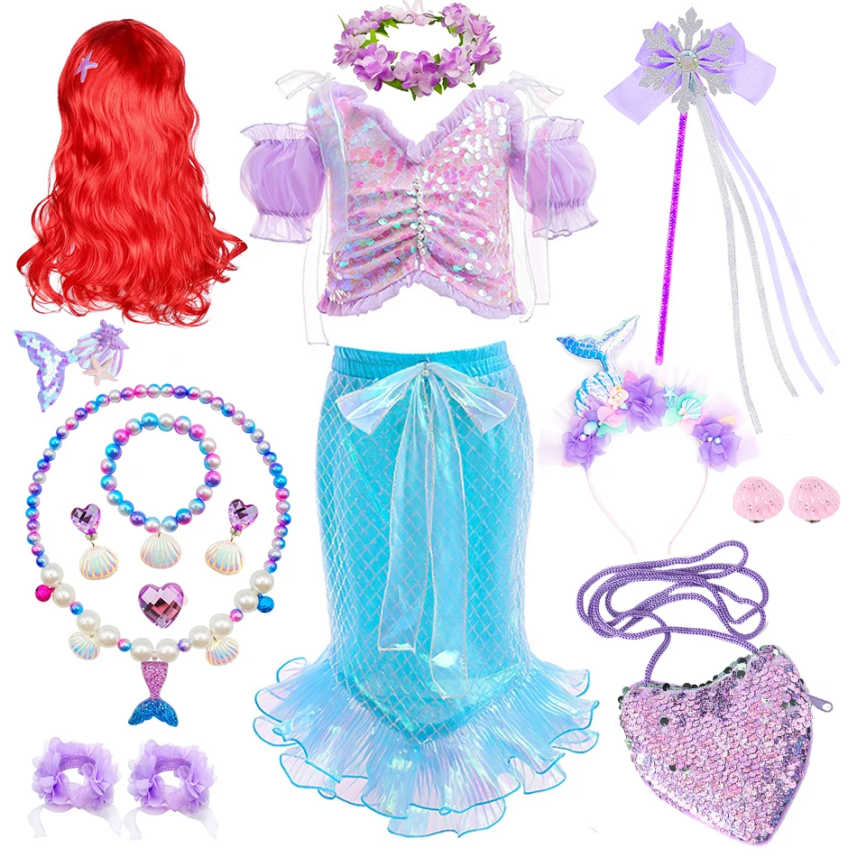 Girls Little Mermaid Dress Cosplay Princess Costume Kids Carnival Party Purim Festival Clothes Children Gorgeous Fishtail Skirt