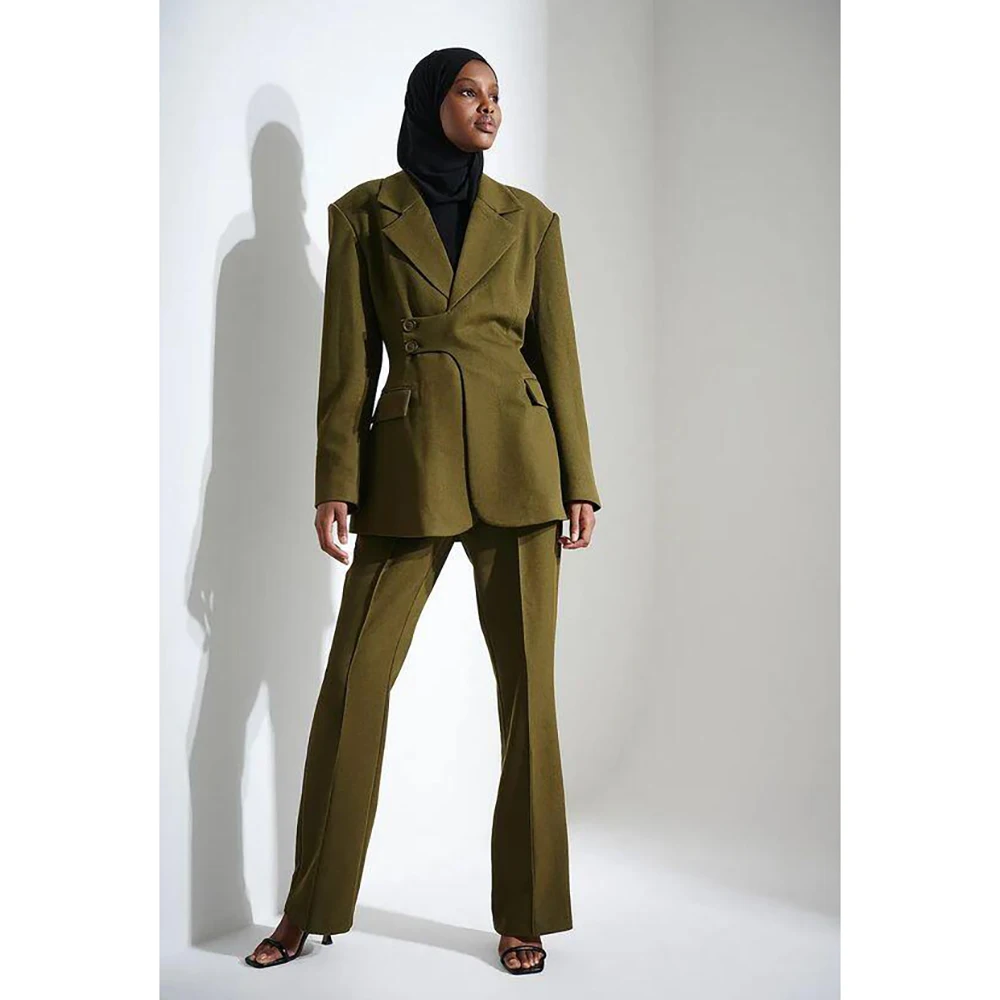 New Olive Green Fashion Women Pants Set High-end Female Two Pieces(Blazer+Trousers)أطقم بناطيل