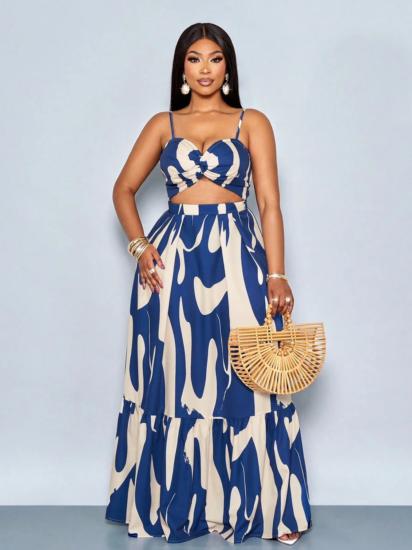 

Women Plus Size Sleeveless Twist Knot Cinched Waist A-Line Maxi Dress With Spaghetti Straps Summer Beach Vacation Floral Print