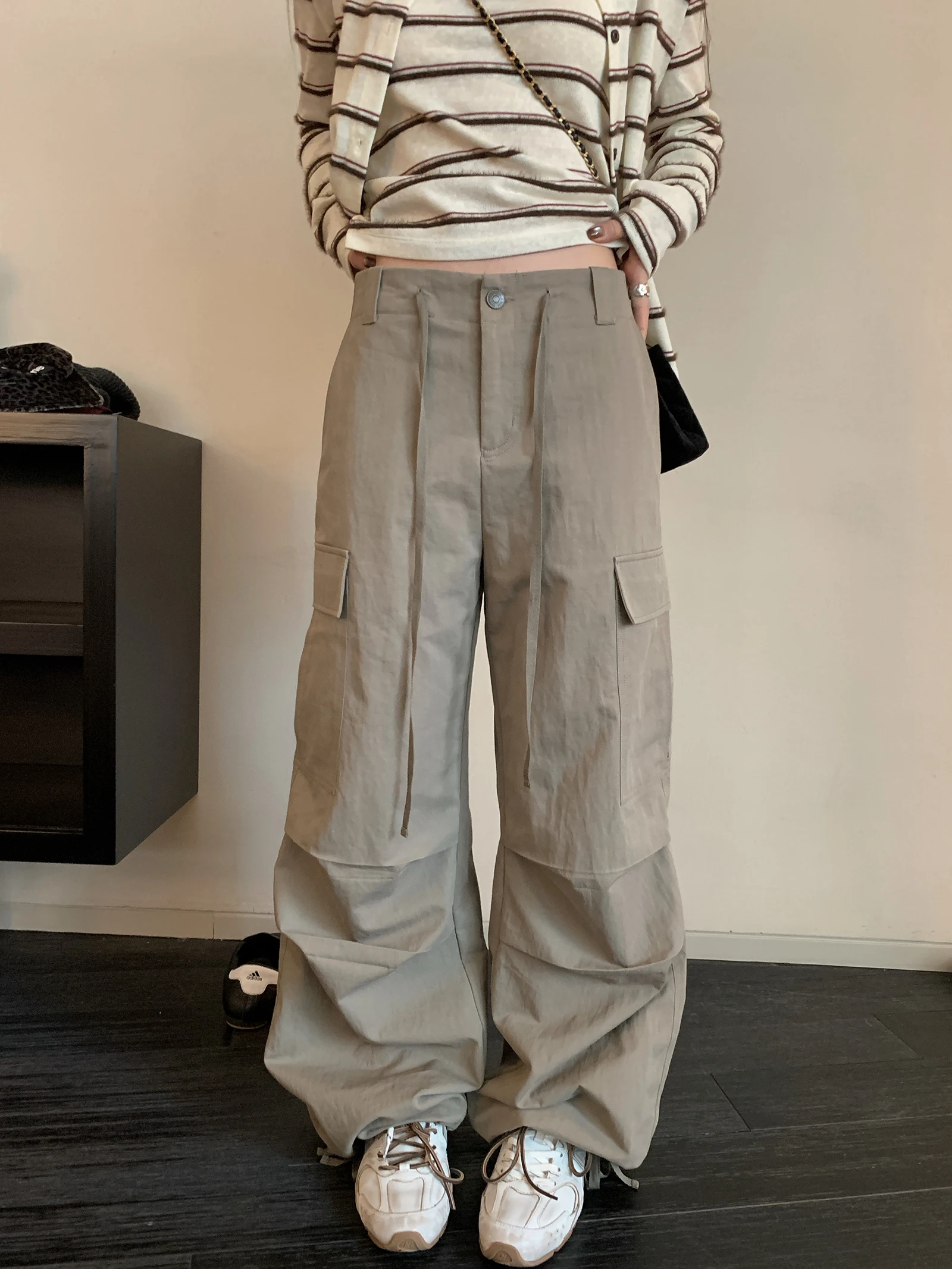 

Повседневные женские брюки с широкими штанинами и завязками на талии, осенние, прямого кроя, свободные, из смесового хлопка, удобные