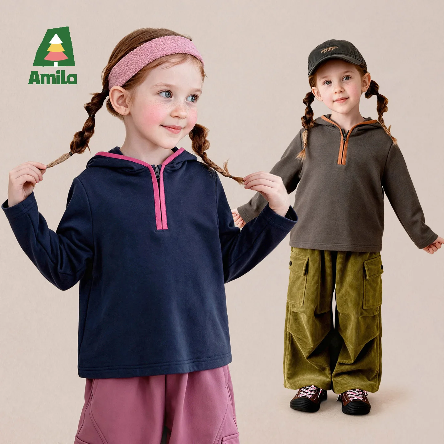 Amila 2026 Winter New Kids T Shirt Half Zip Hooded Color Block Placket Binding Extra Soft Casual Comfortable Daily Versatile Top