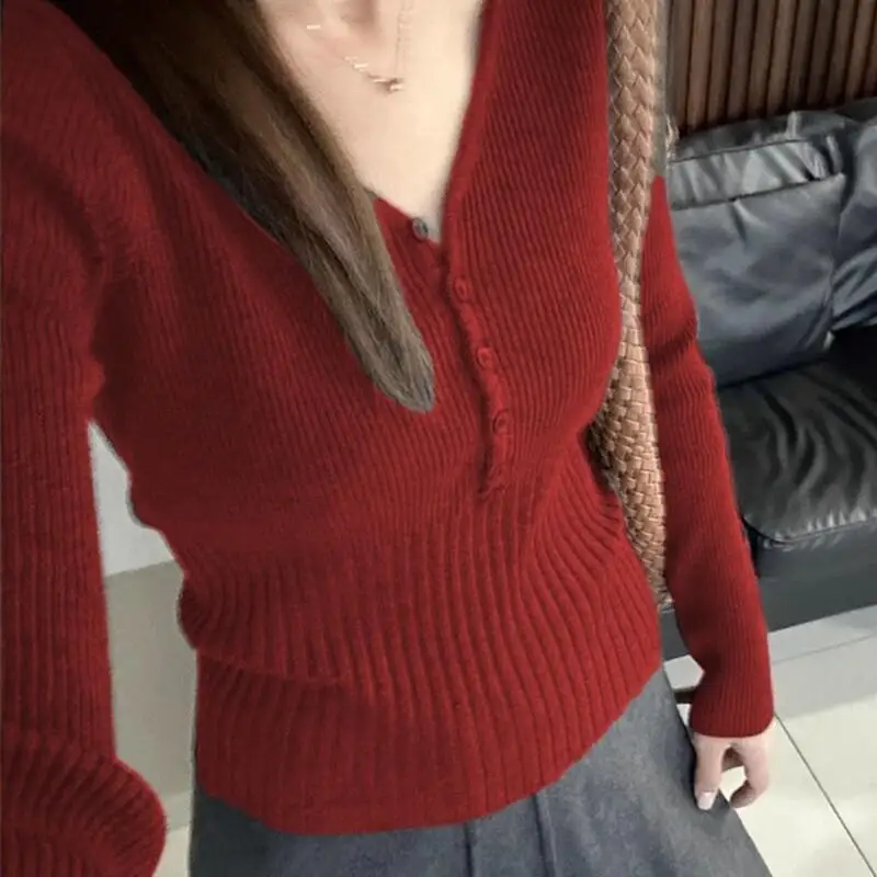 

Pullover 2025 Autumn and Winter Slim Fit Waist Sweater Base Knitwear Women's Knit Clothes V-Neck Fashionable Slim Short Tops