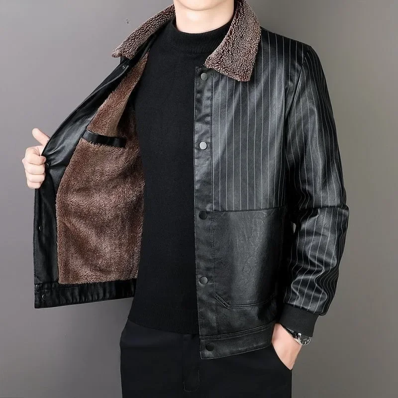 

Leather Coat Winter Men Fleece-Lined Thicken Fashion Business Casual Male Lapel Leather Jacket Loose Large Size Short Outwear