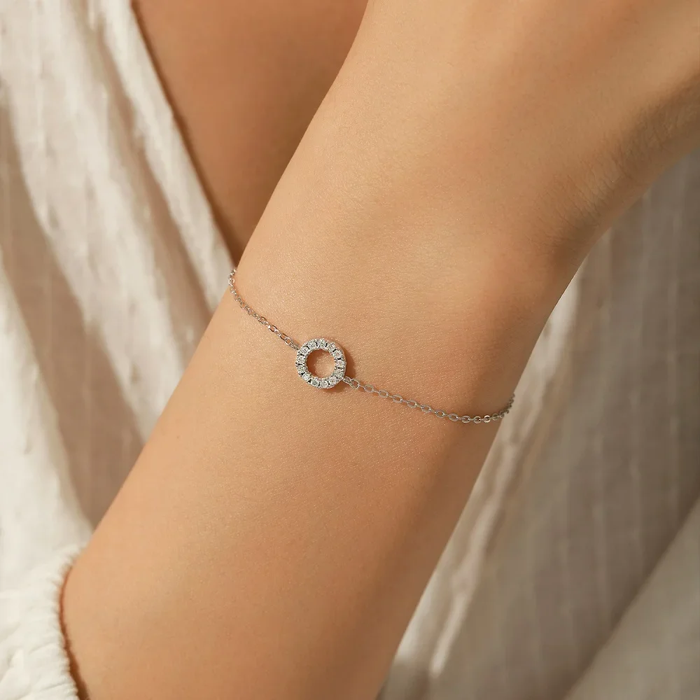 Apaison Gelang Moissanite Penuh 925 Perak Murni Mode Berongga Gelang Rantai Bulat untuk Hadiah Perhiasan Ulang Tahun Wanita