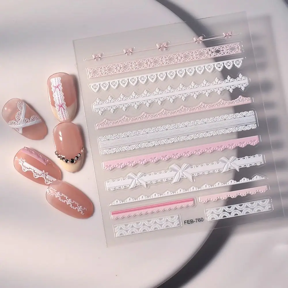 Pure Aesthetic INS Style Nail Stickers, Sweet Pink Lace Bow Self‑Adhesive Nail Decals, Elegant Bowknot Nail Art Decor
