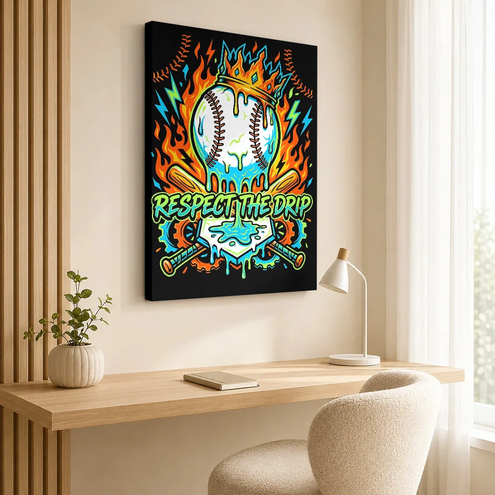 Respect The Drip Baseball – Fire Crown Streetwear Sports Framed Canvas Print Poster Personalized Athlete Wall Art for Gym Decor