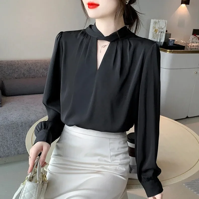 New Fashion Blouse Women Blue Black Chiffon Long Sleeve Blouse Shirt Women Tops  Blouses Shirts Blusa Camisas De Mujer 2024 G295