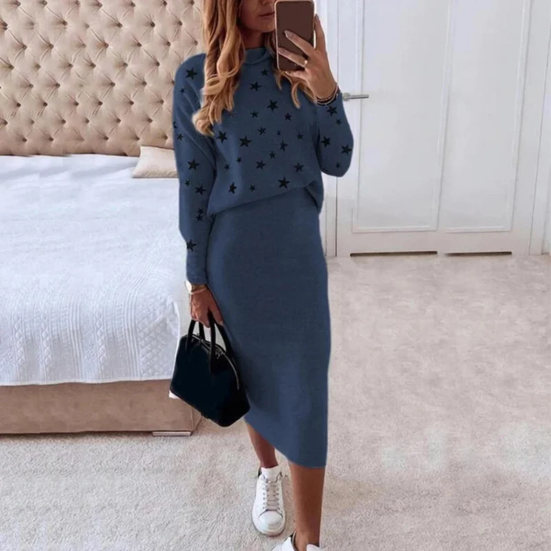 مجموعة من قطعتين من السترة المطبوعة بالنجمة للنساء ، تنورة ضيقة للورك ، تنورة الورك غير الرسمية ، صديقة للجلد ، الخريف والشتاء