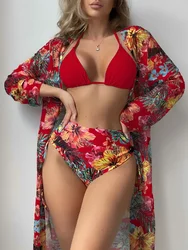 Red Triangle Bikini 2024 Women Swimsuit With Kimono High Waist Swimwear Female Bathers BathingSwimming Swim Suit Beachwear