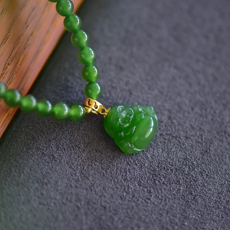 Natural Hetian Jade Maitreya Buddha 4Mm Bead Chain Necklace, Women'S Fashion Version