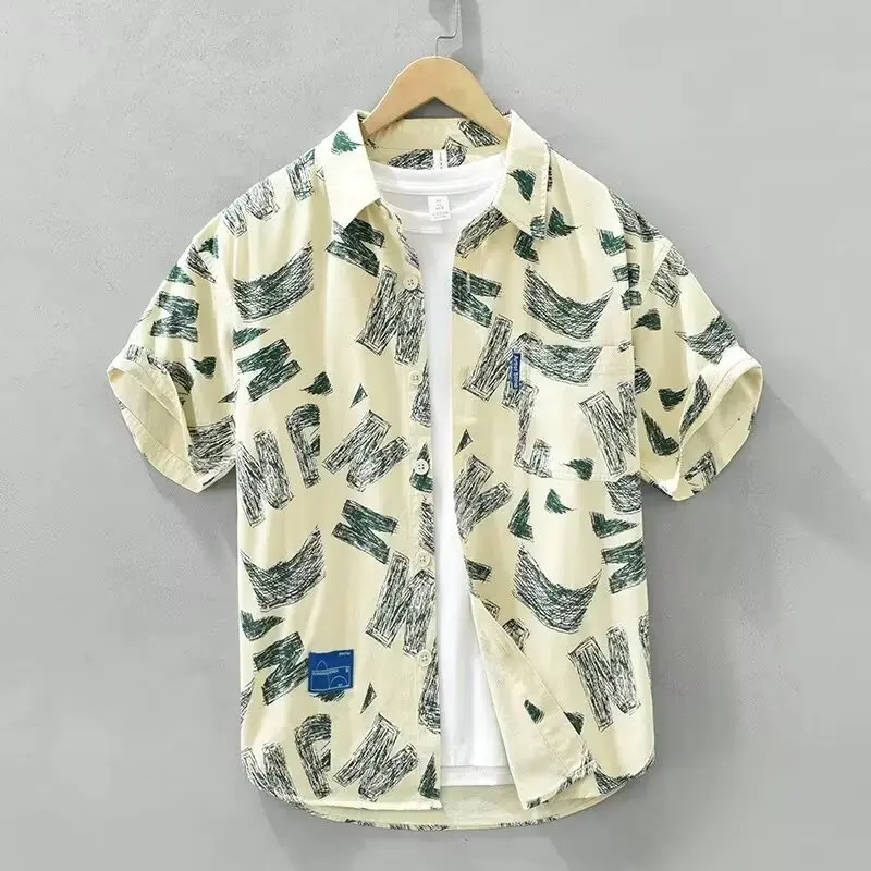 

Hawaii Print Qui Dry Ice Silk Cool Feeling Thin Summer Men's ort Sve irt Retro Five Sve American Sle Loose Fit