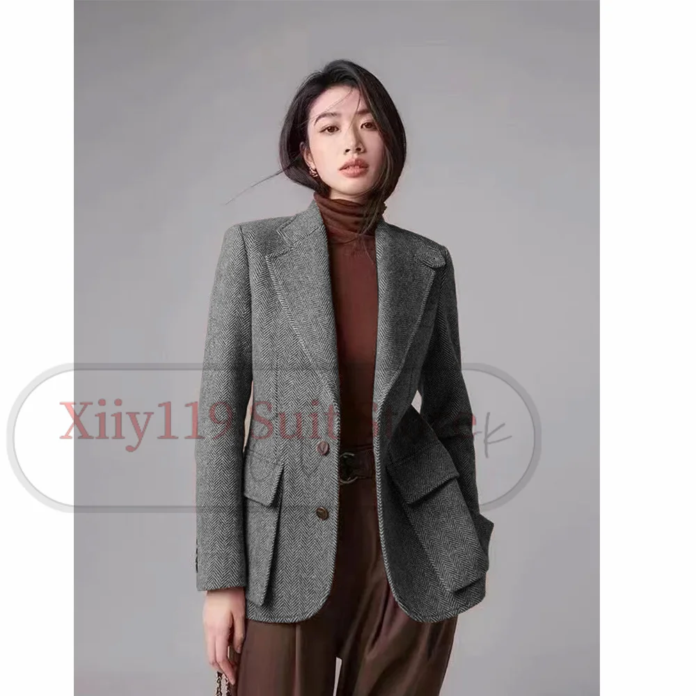 Woman Clothing New Women's Herringbone Coat Solid Color Casual Business Commuting Single Breasted Korean Autumn Clothes 2023