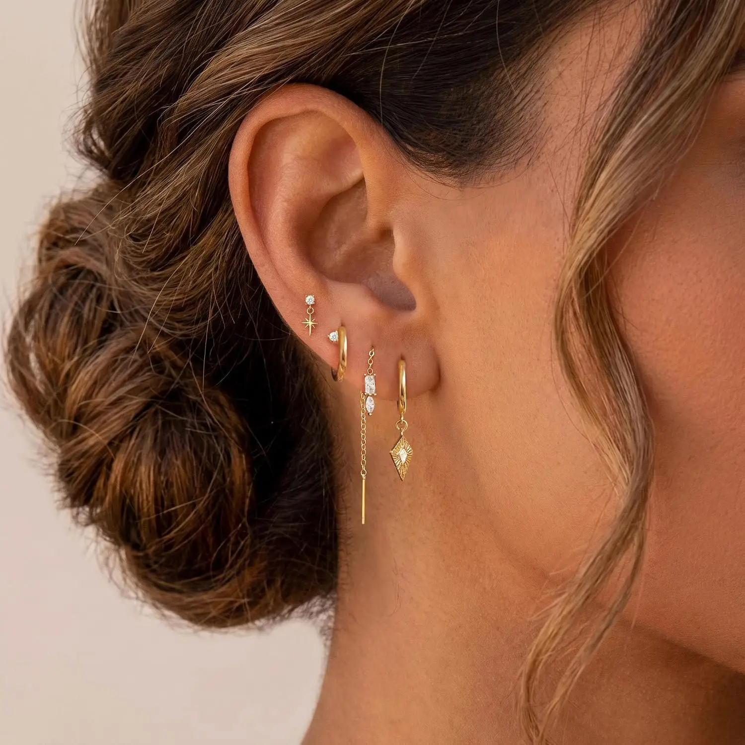 Women Dainty Earring Stacks 14K Gold Plated Threader Chain Earrings Set Hypoallergenic Earrings Trendy Waterproof Gold Jewelry