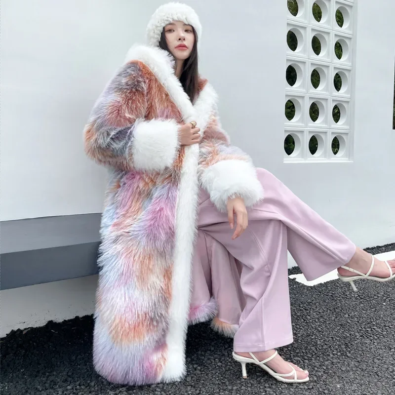 Dream Color Faux Fur Long Loose Chinese Ancient Color Fur Coat Women's Toka Coat Hooded Cape X-Long Streetwear Faux Fur Coat