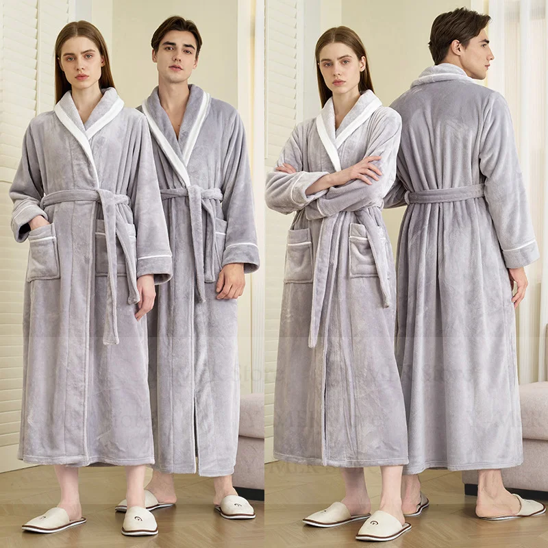 

Women Warm Flannel Shower Robe Couple Thick Kimono Gown Men Peignoir Bathrobe with Pocket Soft Home Clothing Nightwear Bigsize