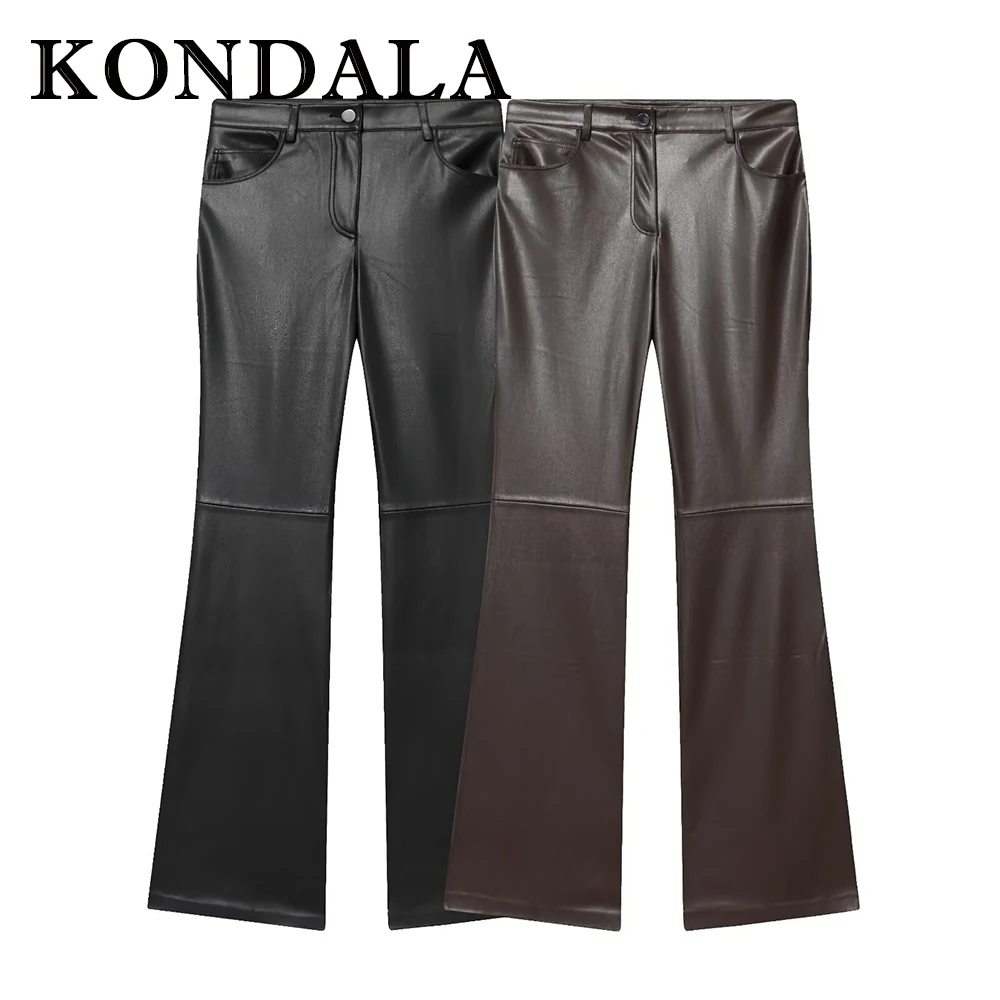 

KONDALA модные осенние женские повседневные брюки из искусственной кожи 2024, длинные брюки-клеш с карманами на молнии, тонкие уличные женские шикарные элегантные брюки