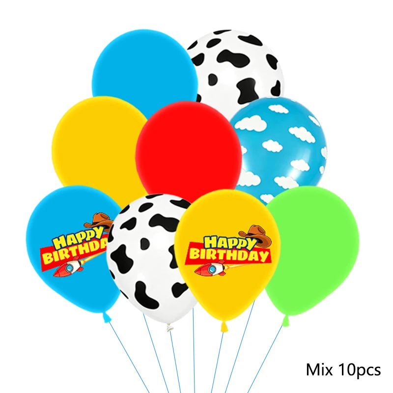 Rote, gelbe und grüne Spielzeugballons, hellblaue Ballons mit Wolken- und Kuhmuster für die Dekorationen zu Babystory- und Cowboy-Partys – Detail 39