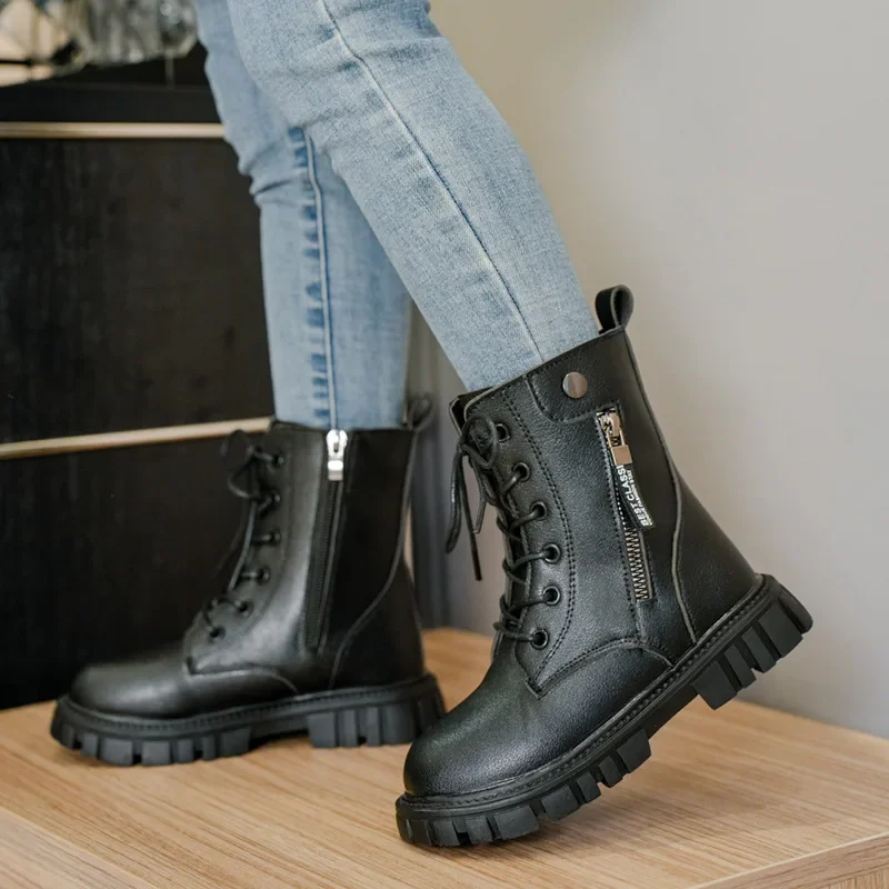 2023 Children Fashion Girls Boots Black Cute Classic Boys Ankle Boots Platform Britain Style Kids Boots Casual Breatheable Soft