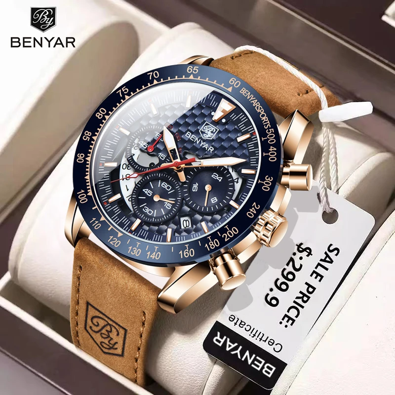 BENYAR Top Brand New Men Watches Leather Strap Luxury Waterproof Sport Quartz Chronograph Military Watch Men Clock Reloj Hombre