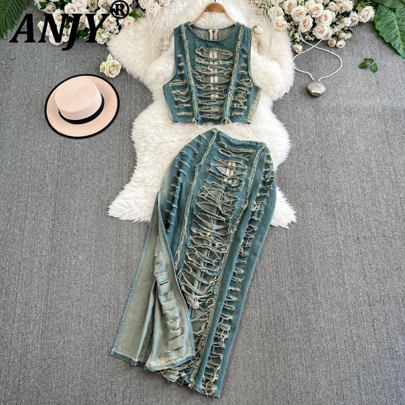 

ANJY Летний новый женский комплект из двух предметов с потертостями, сексуальный топ на бретелях Y2K, рваная джинсовая уличная юбка с высоким разрезом A9737