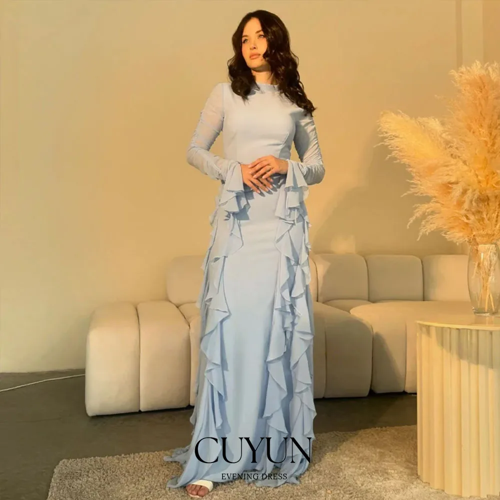 

CUYUN Women Evening Dress Sky Blue Full Sleeves High Collar Elegant Evening Gowns Long Ruffle A Line Chiffon Formal Party