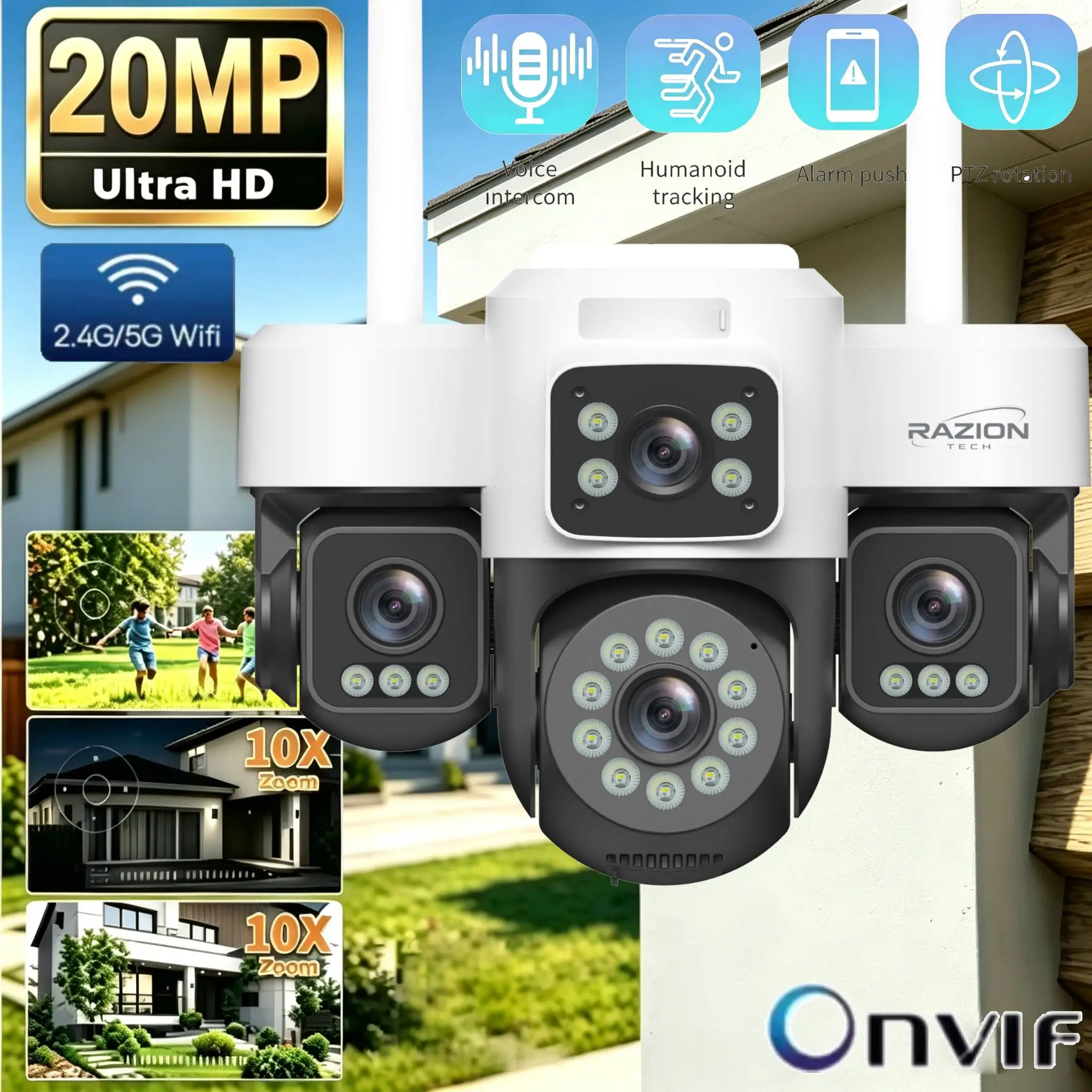 Cámara IP de 20MP para exteriores, con tres lentes, función PTZ, alta definición, tres pantallas, WiFi de 2.4G y 5G, cámara de seguridad