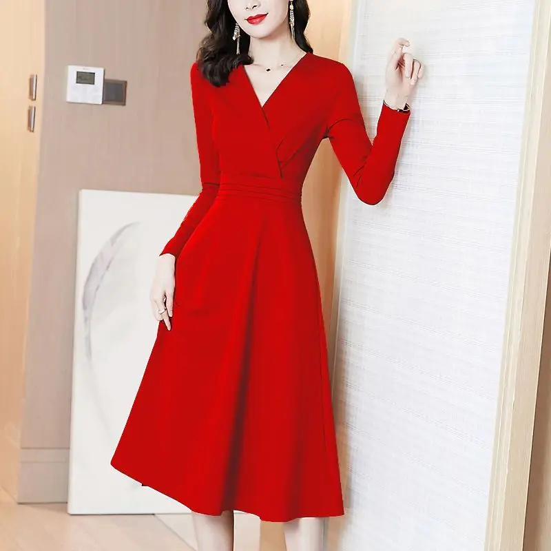 Women's Spring Autumn New Fashion Solid Color V-Neck Folds Shrink Your Waist Elegant Western Style Casual Long Sleeve Dress Tops