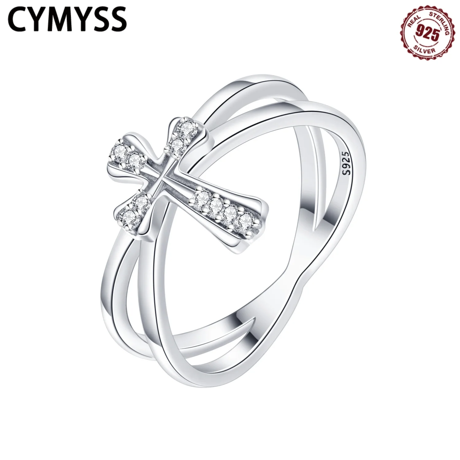 

CYMYSS 925 Sterling Silver Stone Inlaid Cross Ring Design Jewelry Wedding Holiday Gift women's Ring Zircon Ring