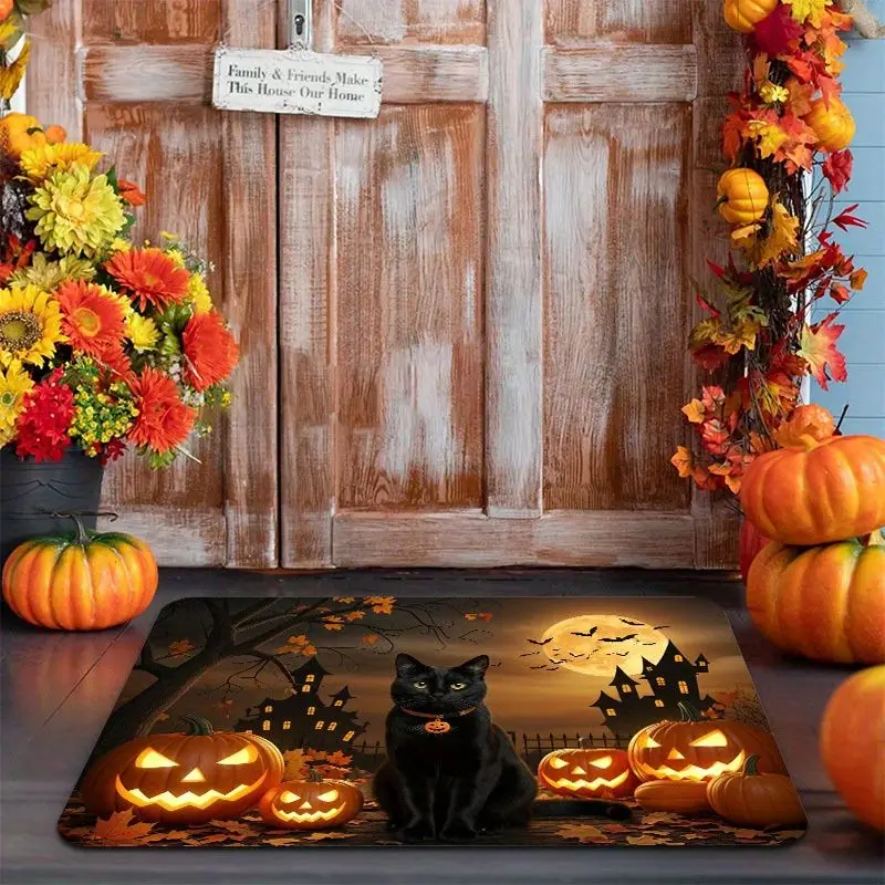 VIKAMA Black Cat Pumpkin Welcome Doormat Water Absorbing Non Slip Entryway Floor Rug Bedroom Indoor Home Decor Mat