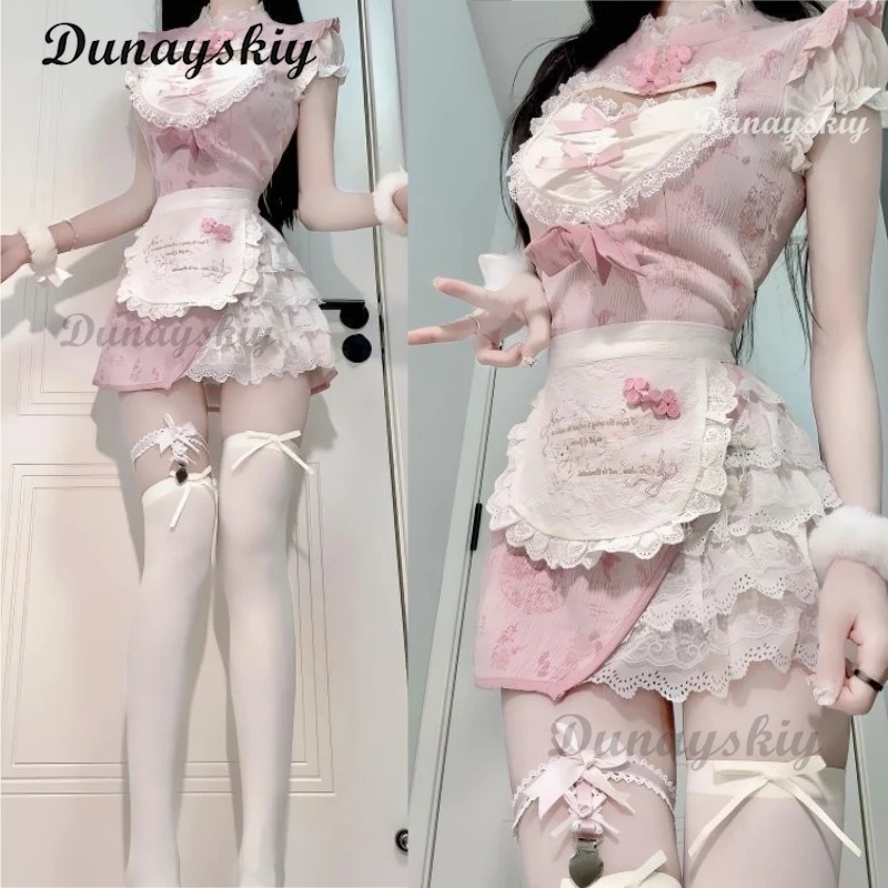 

2025 New Chinese Style Pink Qipao Maid Dress - Modern Cheongsam Cosplay Sexy Costume Halloween Conventions