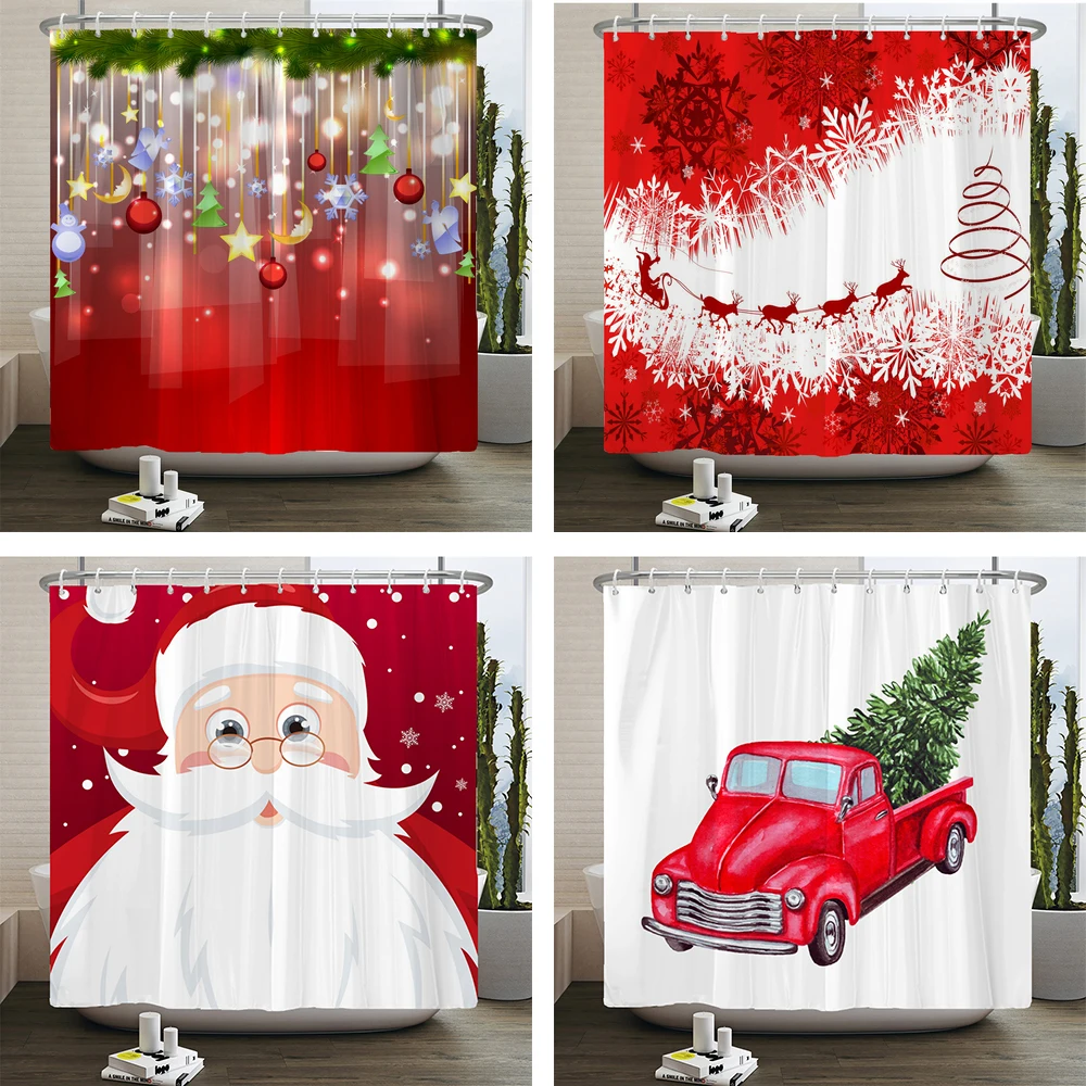 

Red Christmas Shower Curtain Santa Claus Holidays Party Backdrop Bath Partition Curtain Bathroom Waterproof Curtain With Hooks