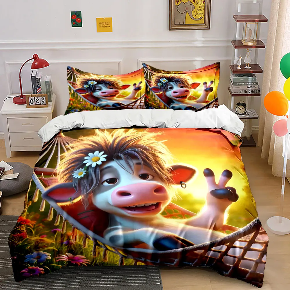A cute cow relaxes in a hammock. Print Bedding Set 1 Duvet Cover 2 Pillowcases for Adult and Children Luxury Gift Full Size