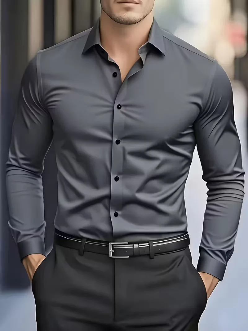 

Men's casual solid-color shirt, a fashionable and simple long-sleeved shirt suitable for business wear, with comfortable fabric.