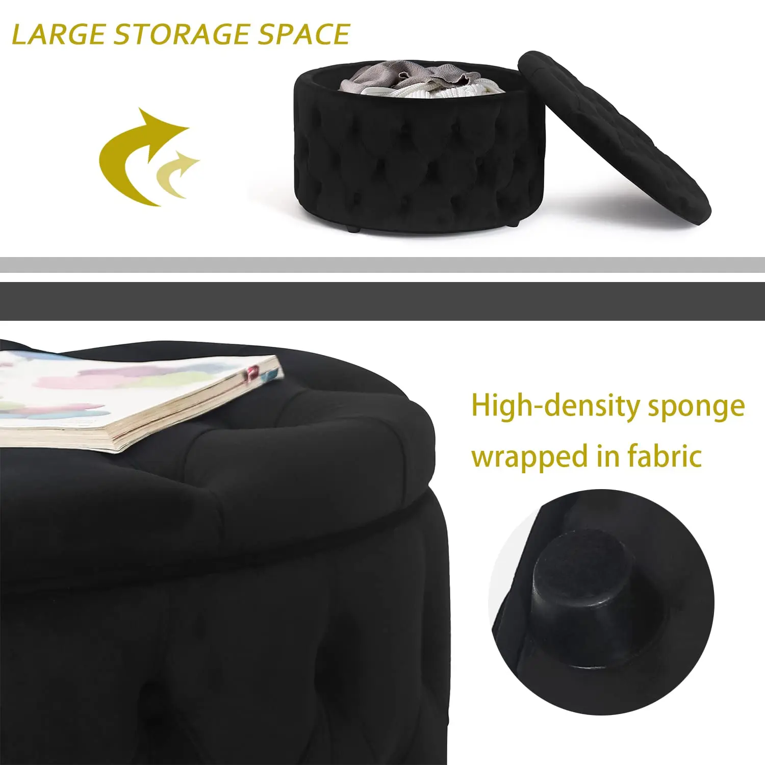 Round Storage Ottoman Button Tufted Removable Top Bench Coffee Table Footrest Living Room Bedroom, Customized