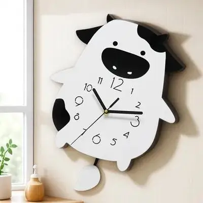 

Cow Shaped Wall Clock Silent Acrylic Decor Living Room Dining Room Cartoon Swinging Large Numbers Clear Reading
