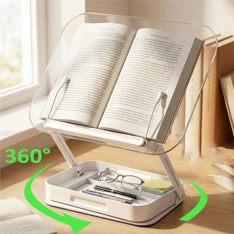 AAAF Reading Bookshelf, Acrylic Adjustable Book Holder, 360° Recipe Holder With Book Page Clips For Kitchen Countertops
