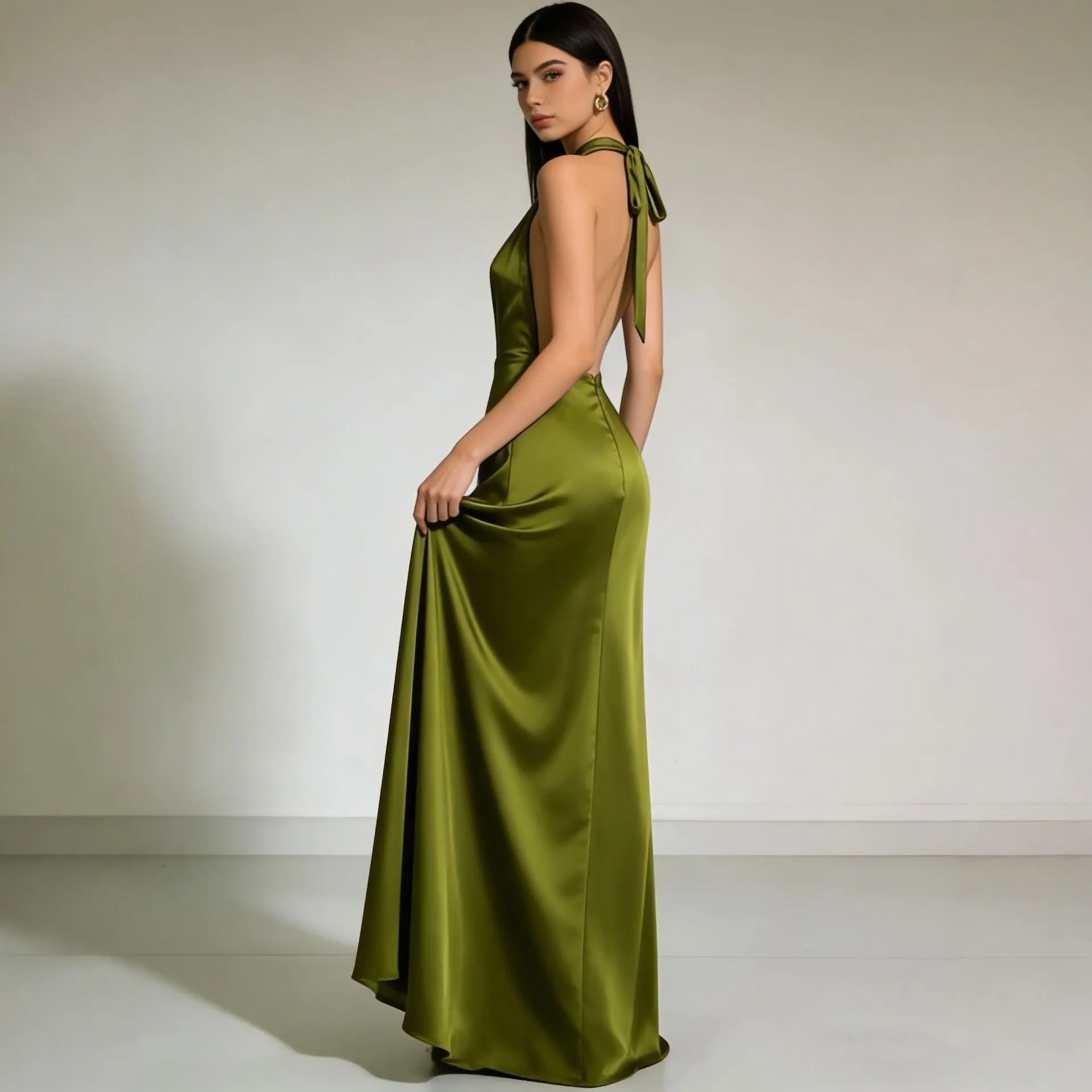 Elegant Party Dresses 2026 Wedding Guest Dresses Satin Backless Deep V Neck Halter Neck Floor Length Wrap Front Maxi Dress view 3