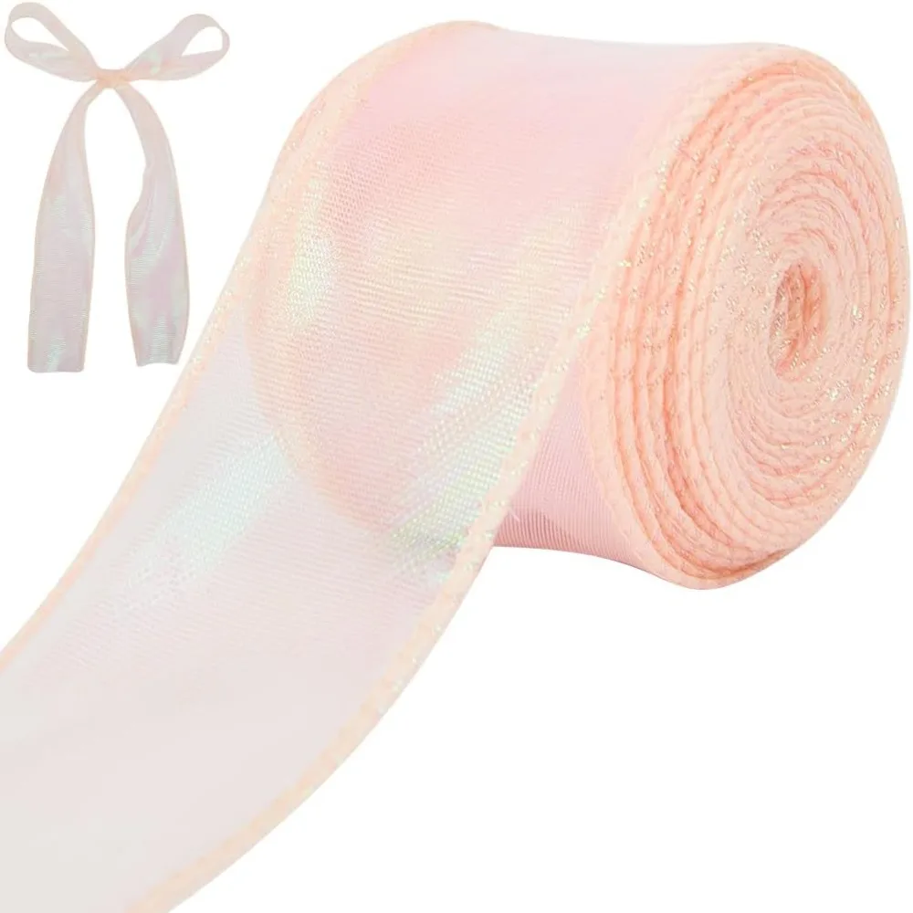10 Yards Polyester Iridescent Lace Ribbon for Gift Wrapping Pink 1-5/8 inch(40mm)