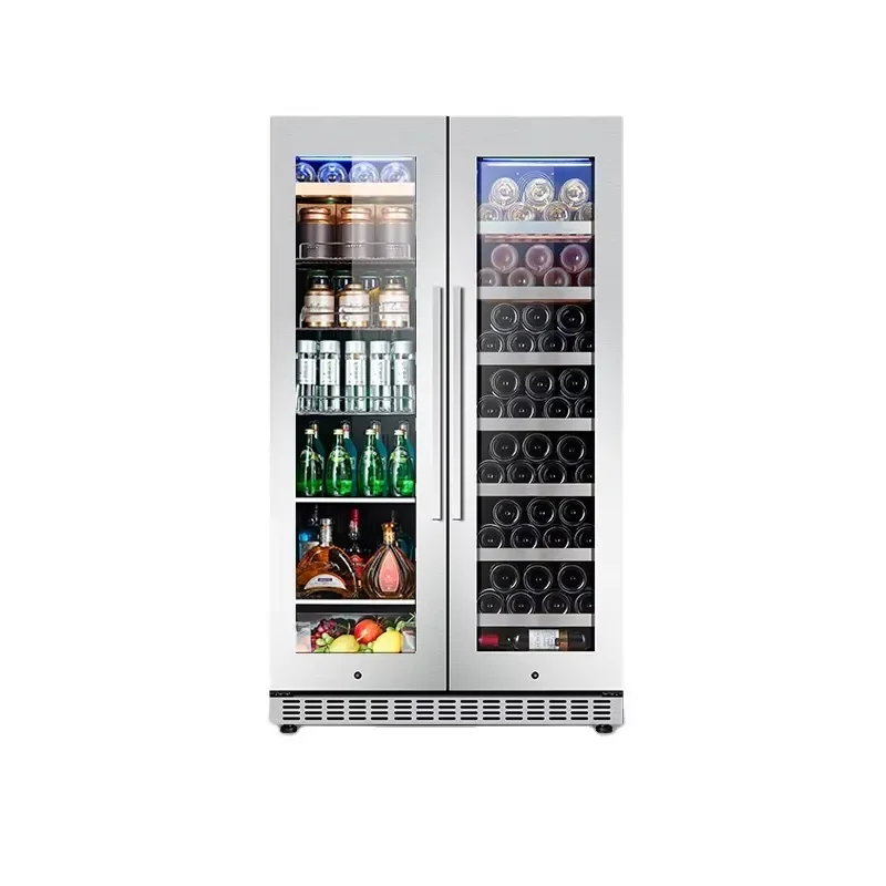 Stainless Steel Wine Cooler Electric Compressor Beverage Fridge Double Glass Door R600A Refrigerant For Hotel Home Bar Use