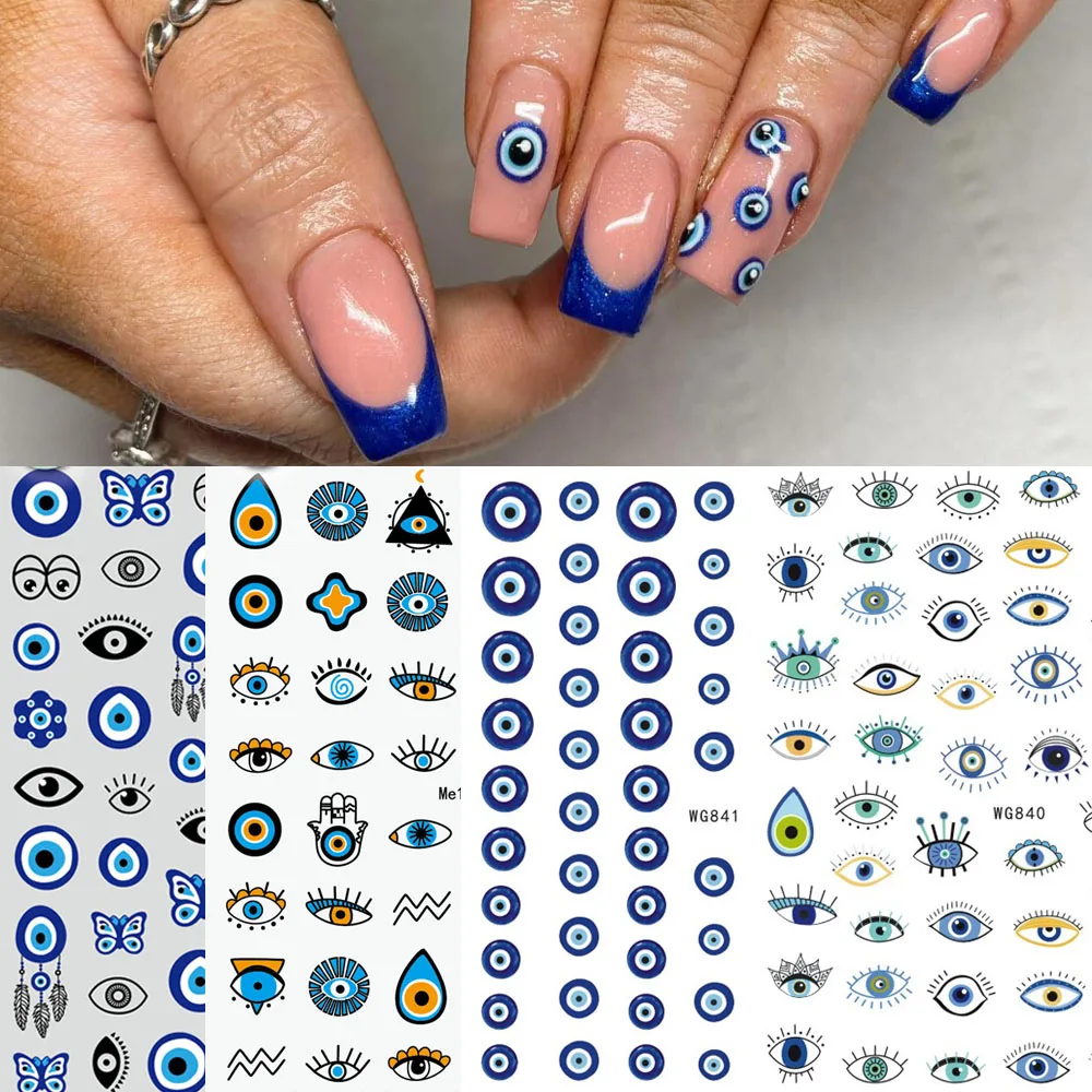 1 Sheet 3D Blue Evil Eye Design Nail Art Decals DIY Self-Adhesive Charms Abstract Line Sliders Decoration Colorful Nail Stickers