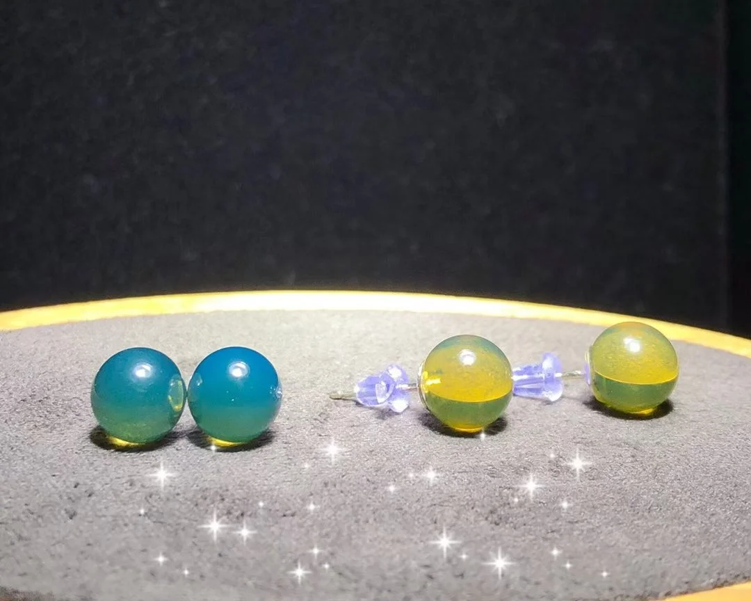 Certificated 925 Silver Natural Mexican Blue Amber 8-9mm Bead Stud Earring Minimalist Genuine Gemstone Ear Huggie Unisex Jewelry