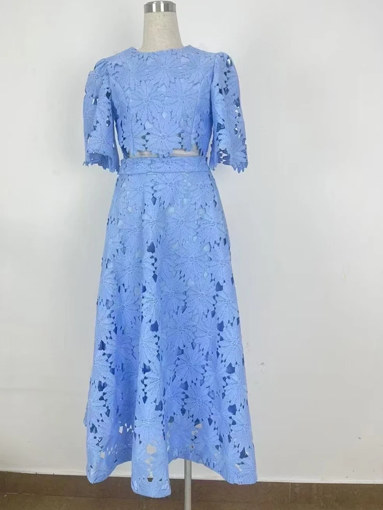 

2025 summer new suit solid color embroidery hollow round neck short-sleeved shirt+high waist and big skirt female two-piece suit