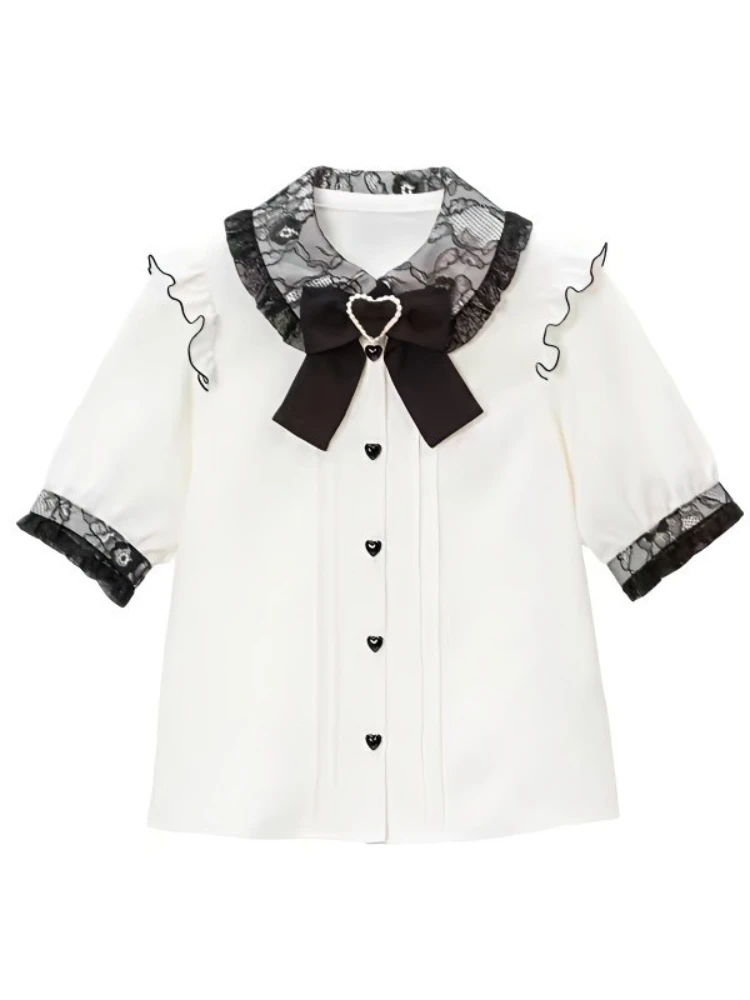 귀여운 스위트 반팔 셔츠 여성 일본 로리타 Y2K 귀여운 스타일 리본 레이스 블라우스 빈티지 우아한 패션 캐주얼 의류 신상품