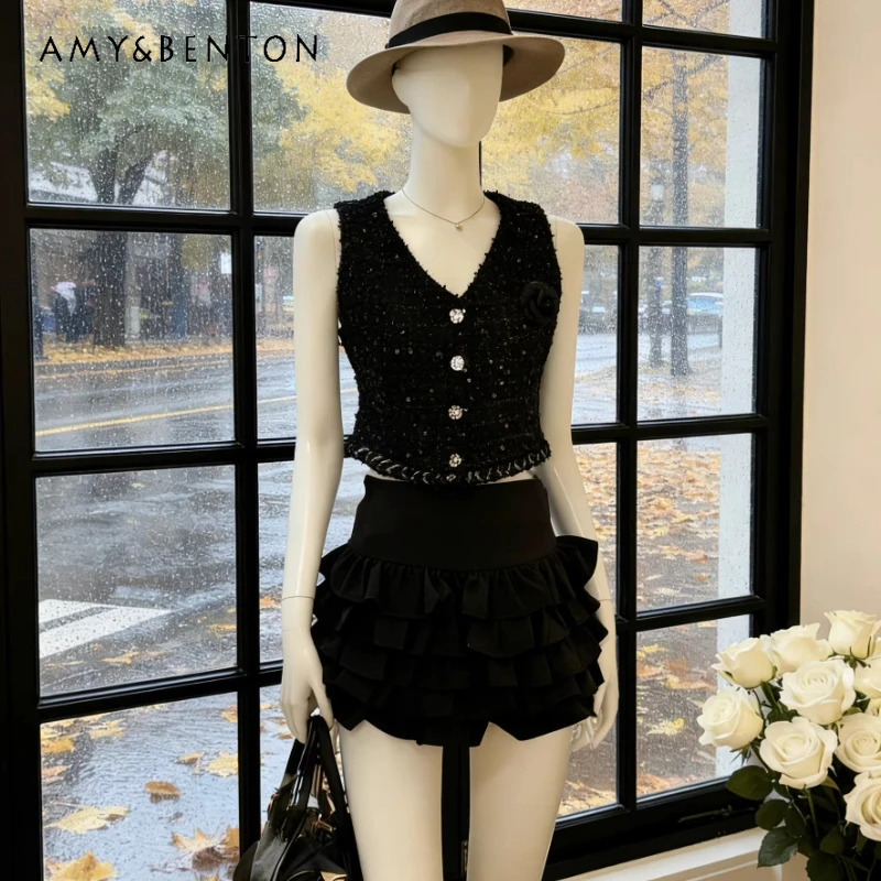 

French Design Black V-neck Women's Vest 2026 Summer New Fashion Ruffle Edge Cake Skirt Temperament Short Skirts Suits Ladies