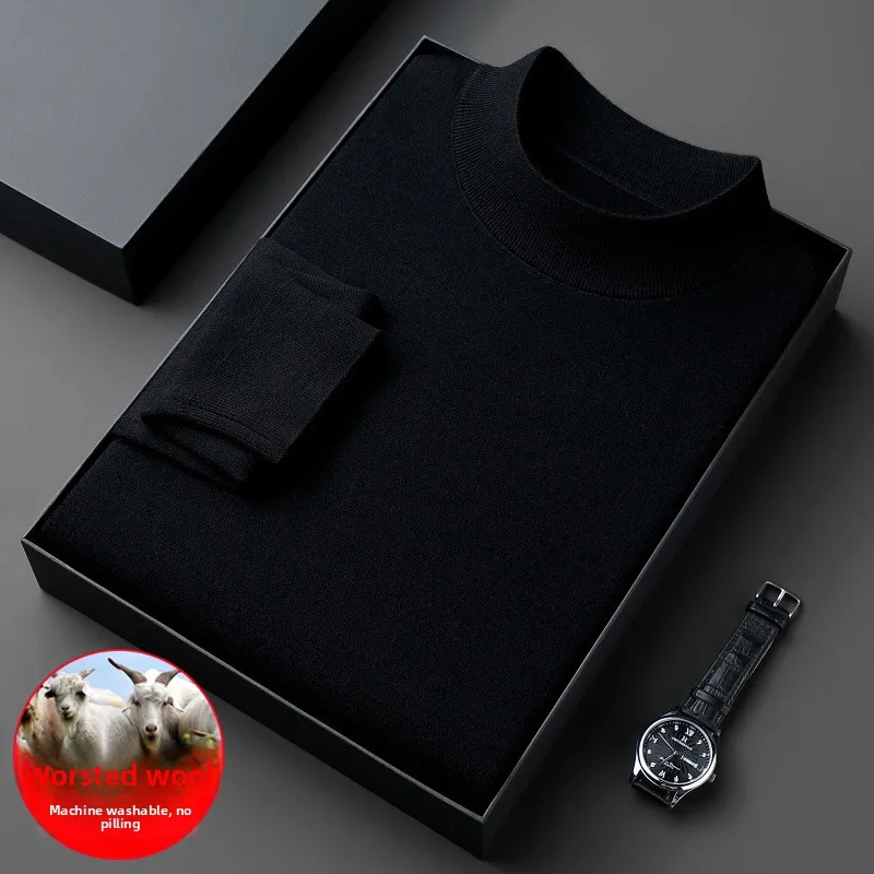 

Мужской вязаный свитер однотонный с высоким воротником, тонкий, круглый вырез, пуловер из смесовой хлопковой ткани, повседневный, удлиненный топ