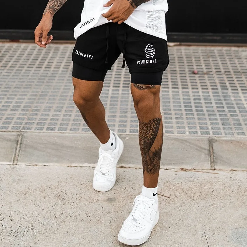 Summer 2 IN 1 Sports Men Running Shorts Double Layer Jogging Quick Dry GYM Shorts Fitness Workout Men Skinny Short Bottoms