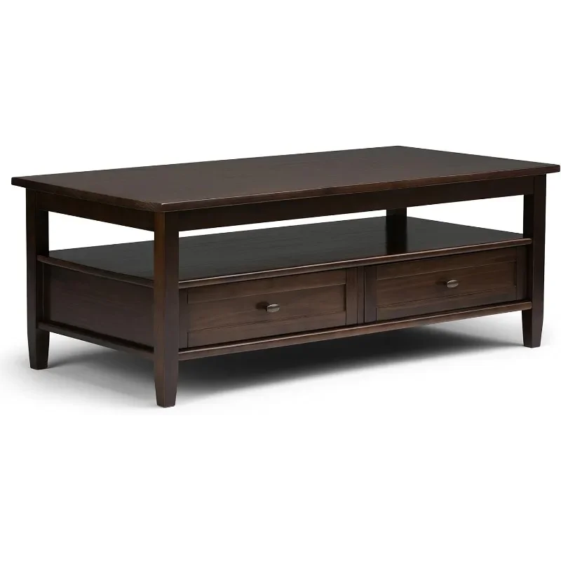 Warm Shaker SOLID WOOD Wide Rectangle Rustic Coffee Table in Tobacco Brown, for the Living Room and Family Room