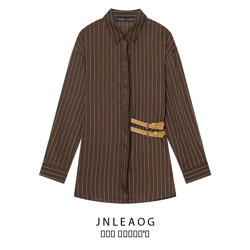 

Модная повседневная полосатая рубашка JNLEAOG, женская одежда, осенняя новинка, универсальный дизайн с пуговицами и ремешками, полиэстер, длинный рукав