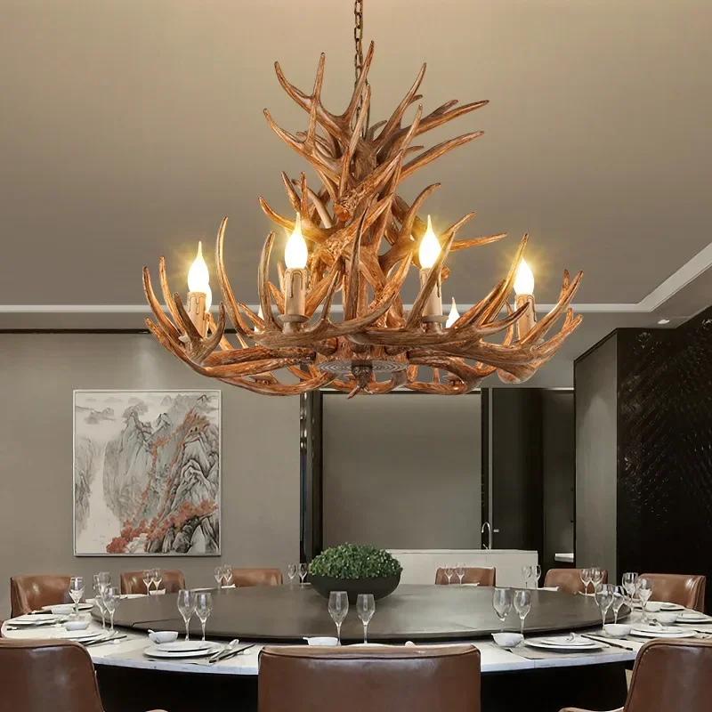 2026 Christmas Style Antler Deer Chandelier for Living Room Loft Large Resin Hanging Lamp Farmhouse Big Light